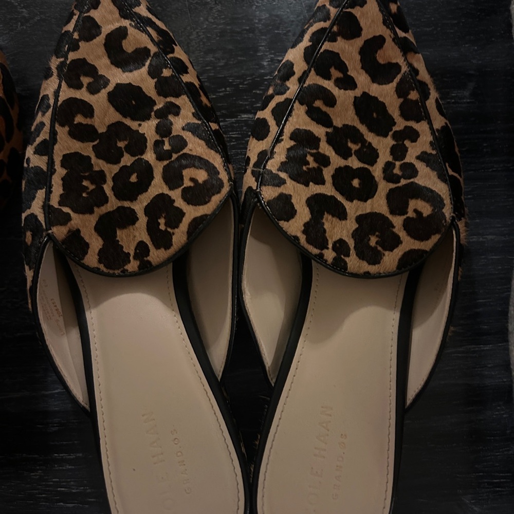 Cole Haan Tan and Black Leopard Mules